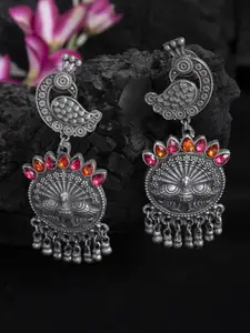Moedbuille Stone Studded Peacock Design Oxidised Silver Plated Handcrafted Tribal Chandbalis