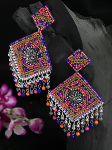 Moedbuille Multi Color Beads Studded Oxidised Silver Plated Handcrafted Contemporary Chandbalis