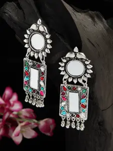 Moedbuille Mirror & Multi Stone Studded Floral Design Oxidised Silver Plated Handcrafted Earrings