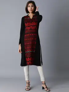 W Women Black & Red Ethnic Motifs Woven Design Band Collar Kurta