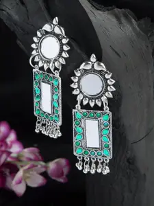 Moedbuille Mirror & Green Stone Studded Floral Design Oxidised Silver Plated Handcrafted Earrings