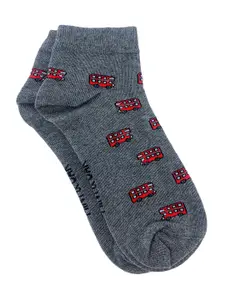 Mint & Oak Men Grey Melange & Red Patterned Anti-Bacterial Ankle-Length Socks
