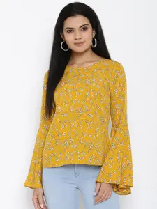 House Of Kkarma Yellow & White Floral Printed Flared Sleeves Crepe Regular Top
