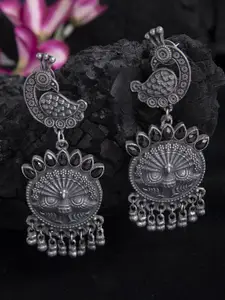 Moedbuille Black Stone Studded Peacock Design Oxidised Silver Plated Handcrafted Tribal Chandbalis
