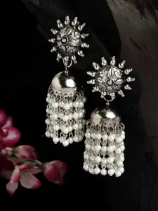 Moedbuille Pearls Studded Tasselled Design Oxidised Silver Plated Handcrafted Tribal Chandbalis