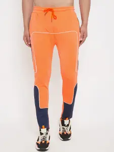 FUGAZEE Men Orange & Navy Blue Colourblocked Slim-Fit Track Pants