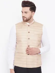VASTRAMAY Men Beige Woven-Design Slim-Fit Nehru Jacket