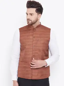 VASTRAMAY Men Coffee Brown Solid Woven Nehru Jacket