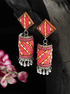 Moedbuille Pink & Orange Beads Afghan Design Oxidised Silver Plated Handcrafted Jhumkas