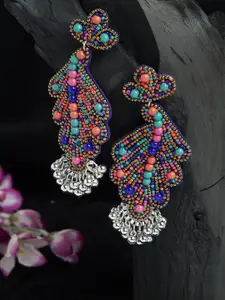 Moedbuille Turquoise Multi Color Studded Oxidised Silver Plated Handcrafted Afghan Design Jhumkas