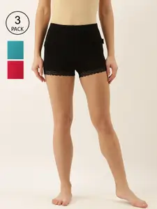 zebu Women Pack Of 3 Solid Lace Detailed Lounge Shorts