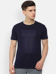 Louis Philippe Jeans Men Navy Blue Printed Round Neck Cotton Pure Cotton T-shirt