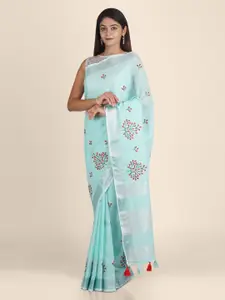 KAJREE Sea Green Pure Linen Printed Handloom Baluchari Saree