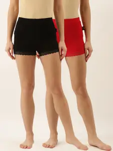zebu Women Red & Black Set of 2 Solid Lounge Shorts