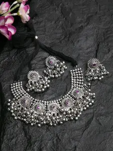 Moedbuille Pink Stones & Ghungroo Studded Oxidised Silver Plated Handcrafted Jewelry Set with Ring