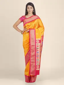 KAJREE Yellow Silk Blend Solid Paithani Saree