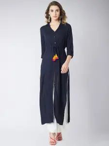 Miss Chase Navy Blue Shirt Collar Pure Cotton Maxi Longline Top