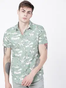 LOCOMOTIVE Men Green & Off-White Slim Fit Printed Casual Shirt