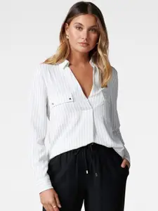 Forever New White & Black Striped Shirt Style Longline Top