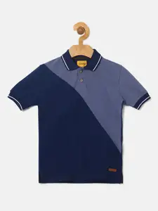Instafab Boys Navy Blue Colourblocked Polo Collar T-shirt