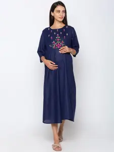MomToBe Women Navy Blue Embroidered Maternity Nursing Fit & Flare Sustainable Dress