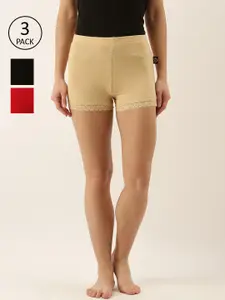 zebu Women Pack of 3 Red & Beige Solid Lounge Shorts