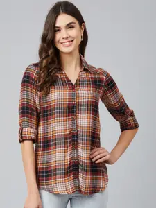 Marie Claire Women Brown Regular Fit Checked Casual Shirt