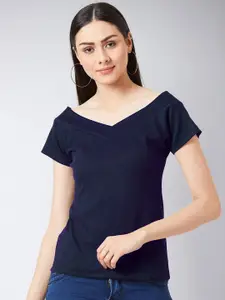 Miss Chase Navy Blue Pure Cotton Fitted Top