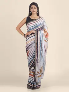 KAJREE White Satin Printed Block Print Saree