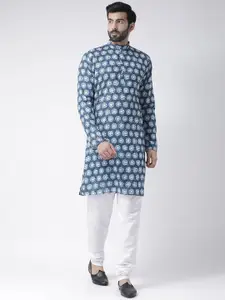 Hangup Men Navy Blue & White Geometric Printed Kurta