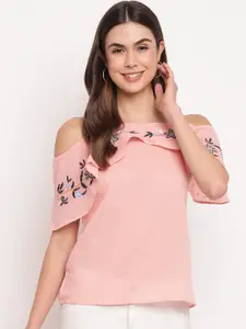 Mayra Pink Floral Cold-Shoulder Sleeves Pure Cotton Regular Top