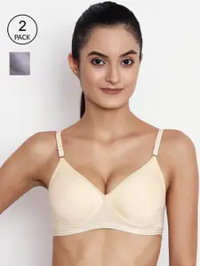 ABELINO Cream-Coloured & Grey Solid Non-Wired Lightly Padded T-shirt Bra
