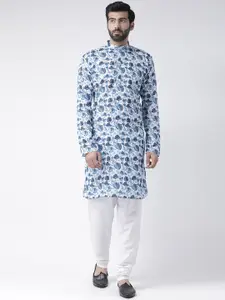 Hangup Men White & Blue Floral Printed Mandarin Collar Kurta