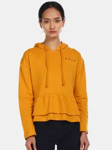 Sugr Women Mustard Solid Hooded Sweatshirt