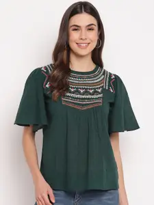 Mayra Green Embroidered Flutter Sleeves Top