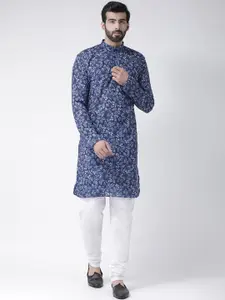 Hangup Men Navy Blue & White Floral Printed Kurta