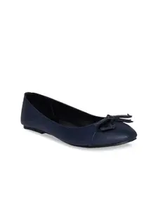 People Women Navy Blue Solid Leather Ballerinas