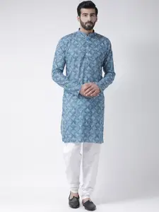 Hangup Men Blue & Off White Geometric Printed Kurta