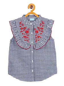 Miyo Girls Blue & White Checked Mandarin Collar Shirt Style Top