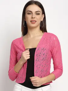 Rute Women Pink Self Design Lace Open Front Shrug