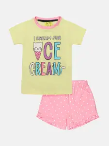 Lazy Shark Girls Lime Green & Pink Printed T-shirt with Shorts