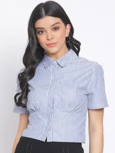 Oxolloxo Women Blue Regular Fit Striped Casual Shirt