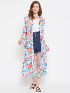 Zastraa Women White & Blue Printed Open Front Longline Shrug