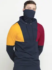 Maniac Men Navy Blue & Yellow Colourblocked Hooded Cotton T-shirt