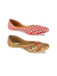 DESI COLOUR Women Pack Of 2 Red & Beige Woven Design Mojaris