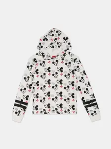 Colt Girls White & Black Mickey Mouse Printed Hooded Sweatshirt