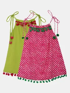 Bownbee Pink & Green Embellished Printed Pure Cotton A-line Top