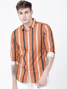 HIGHLANDER Men Rust Slim Fit Striped Casual Shirt