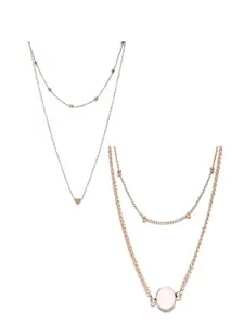 OOMPH Set of 2 Rose Gold-Toned Crystals Studded Layered Necklaces