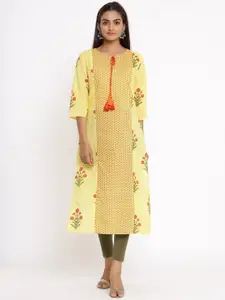 Fabric Fitoor Women Yellow Floral Printed Keyhole Neck Thread Work Kurta